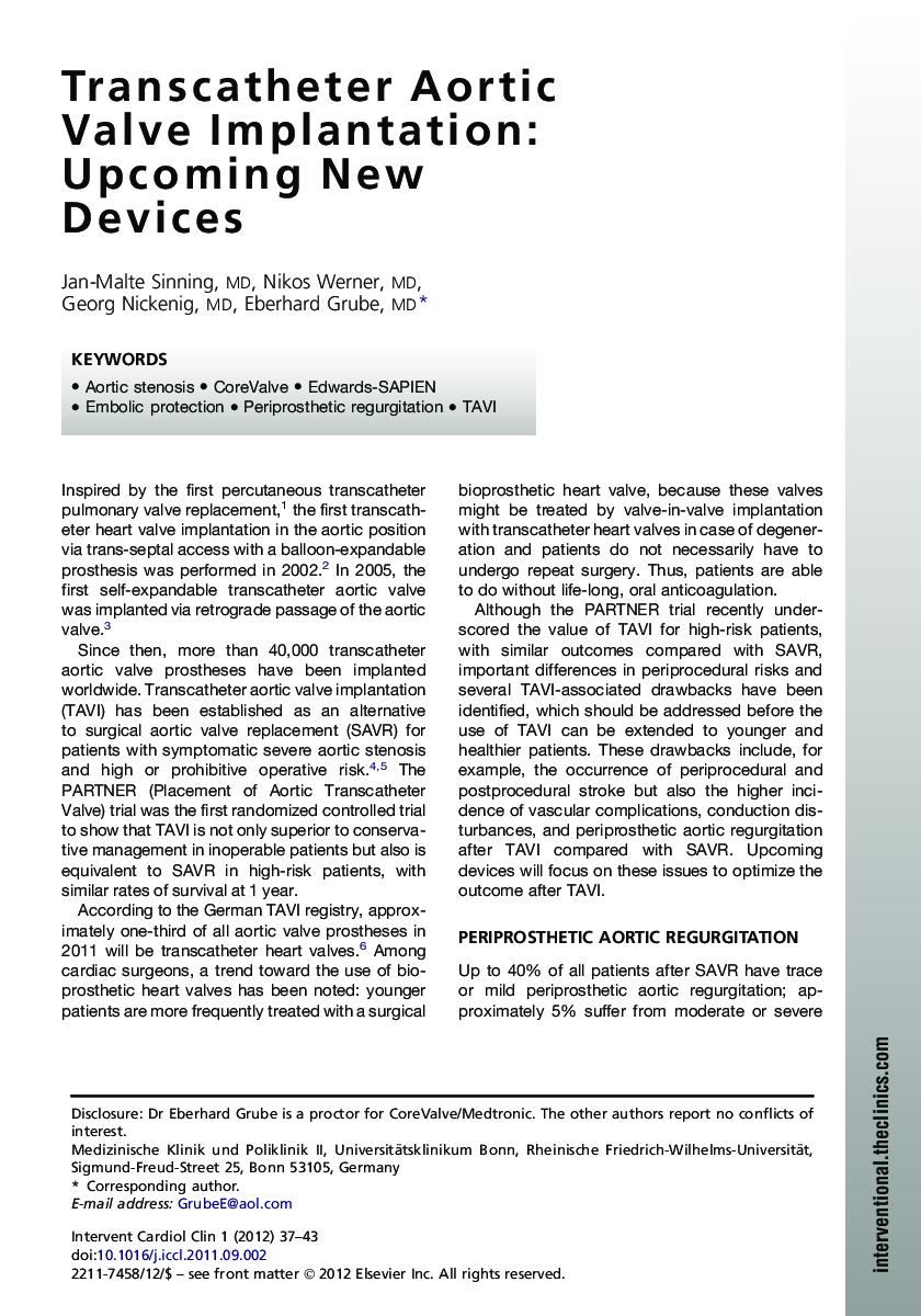 Transcatheter Aortic Valve Implantation: Upcoming New Devices