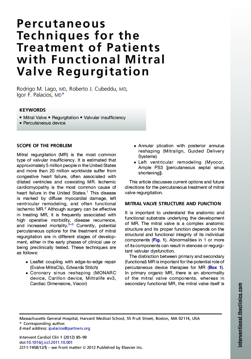 Percutaneous Techniques for the Treatment of Patients with Functional Mitral Valve Regurgitation