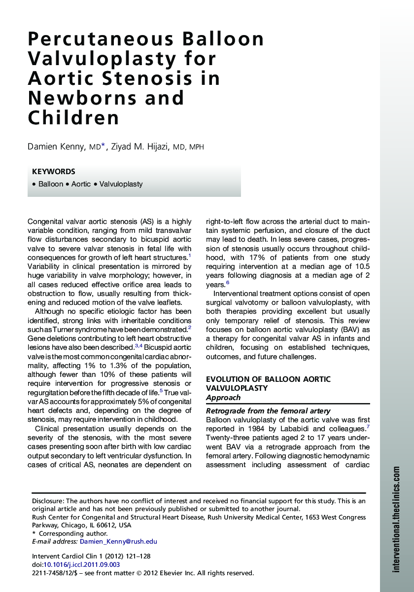 Percutaneous Balloon Valvuloplasty for Aortic Stenosis in Newborns and Children