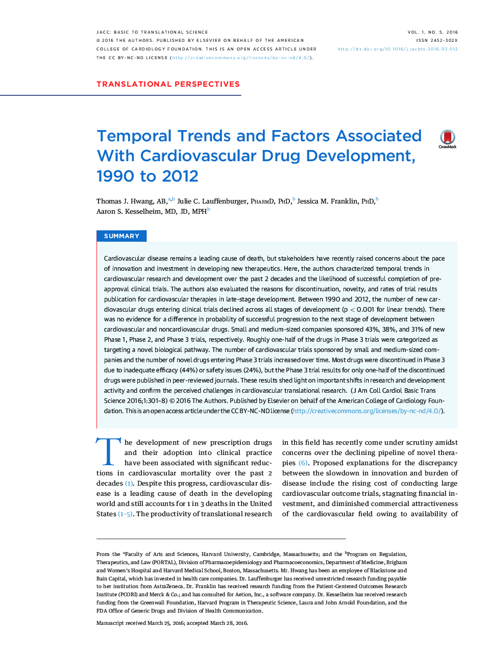 Temporal Trends and Factors Associated With Cardiovascular Drug Development, 1990 to 2012 