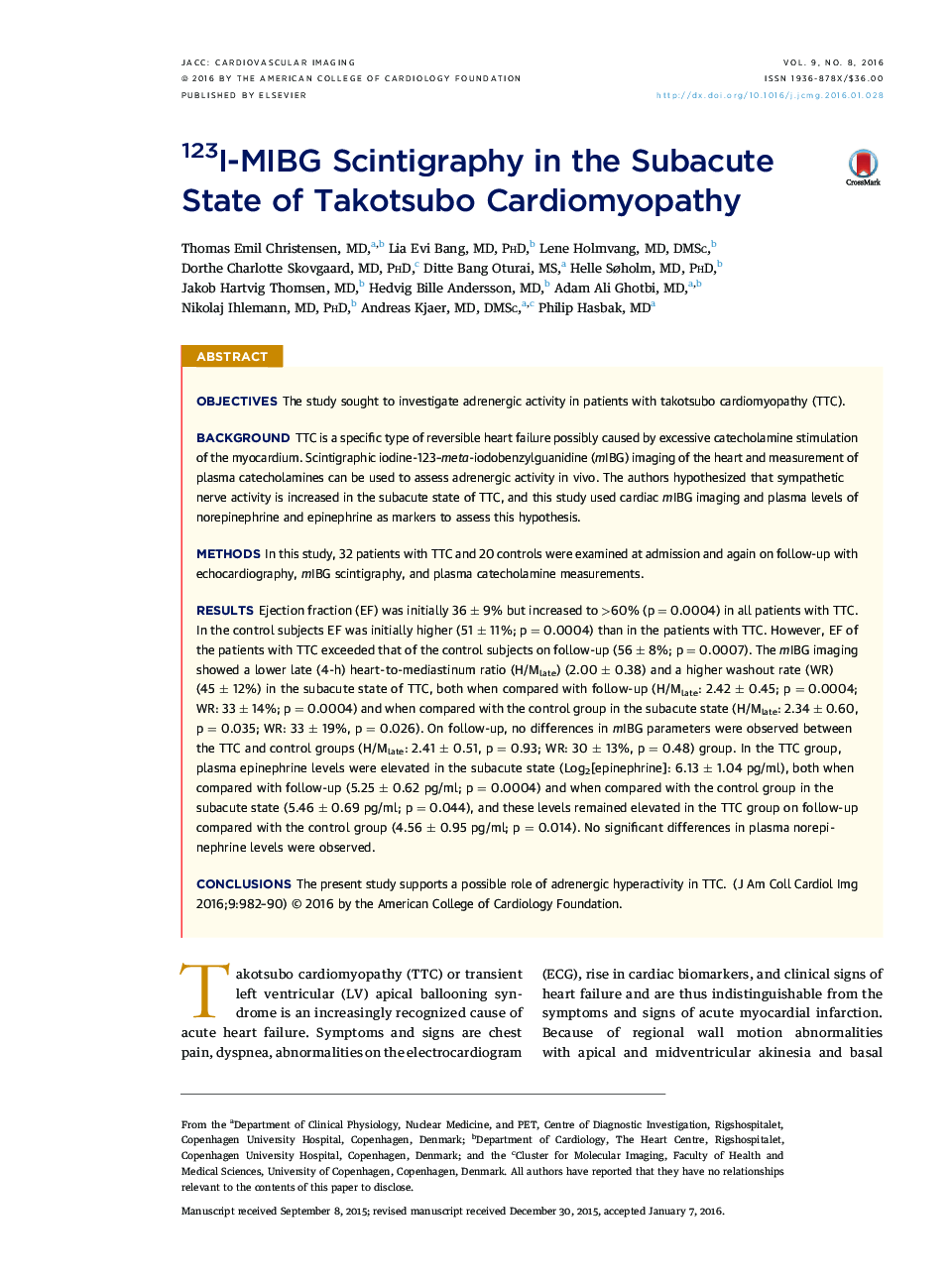 123I-MIBG Scintigraphy in the Subacute State of Takotsubo Cardiomyopathy 