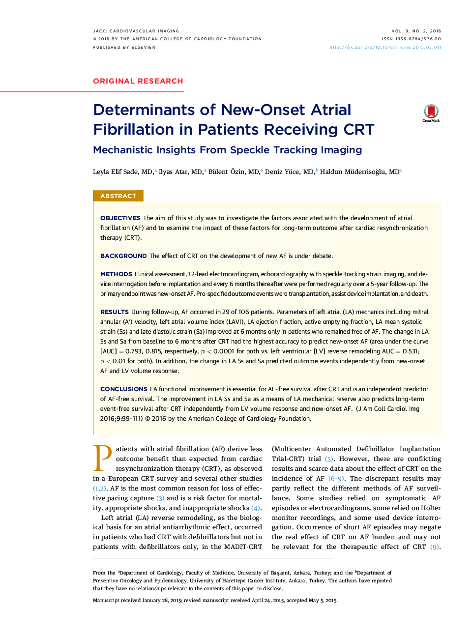 Determinants of New-Onset Atrial Fibrillation in Patients Receiving CRT : Mechanistic Insights From Speckle Tracking Imaging