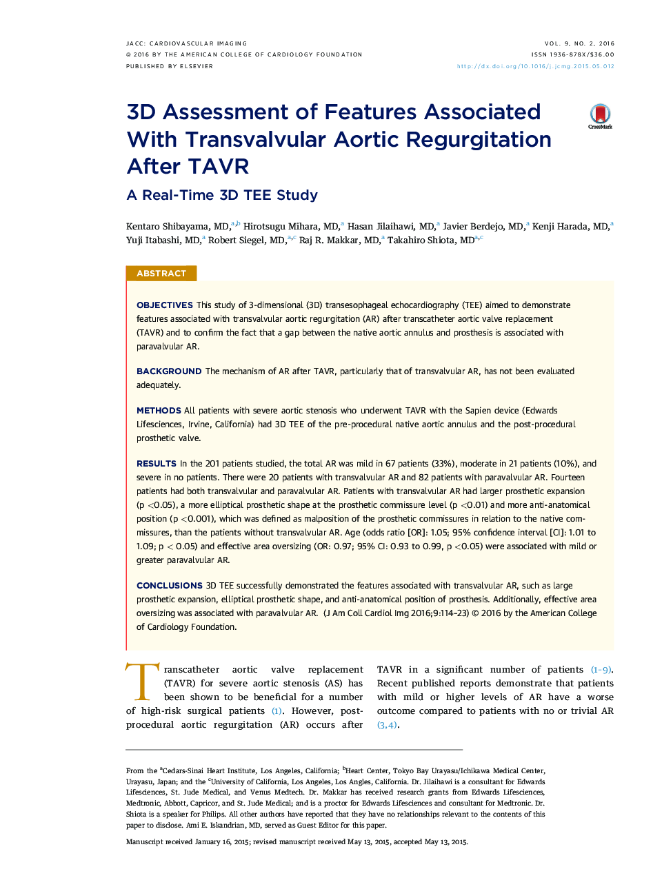 3D Assessment of Features Associated With Transvalvular Aortic Regurgitation After TAVR : A Real-Time 3D TEE Study