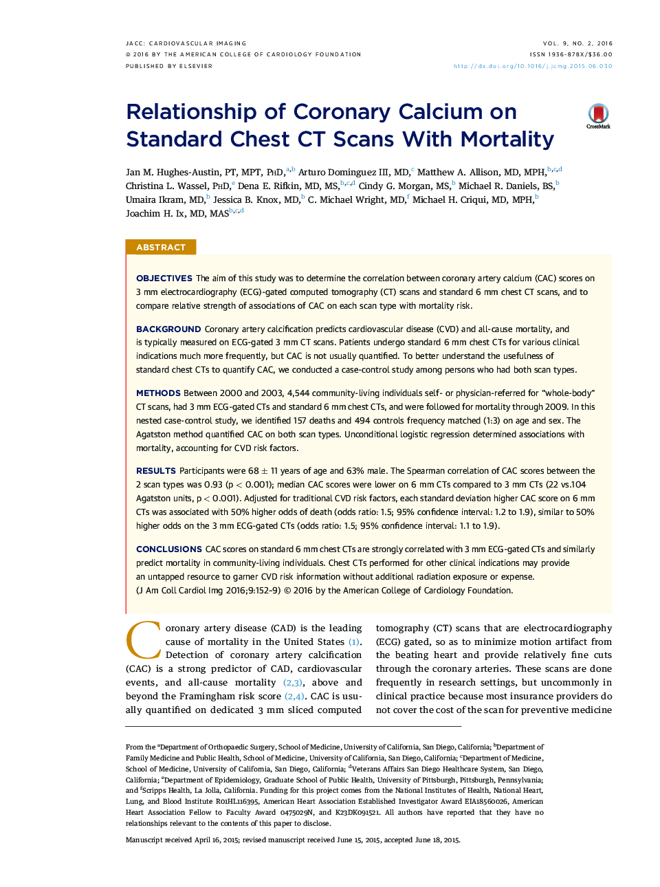 Relationship of Coronary Calcium on Standard Chest CT Scans With Mortality 