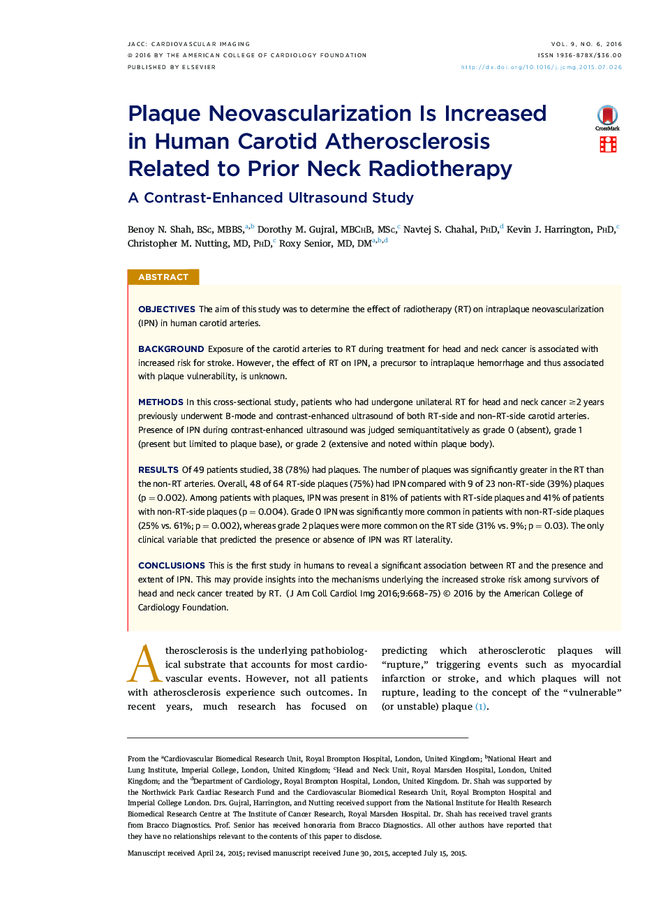 Plaque Neovascularization Is Increased in Human Carotid Atherosclerosis Related to Prior Neck Radiotherapy : A Contrast-Enhanced Ultrasound Study