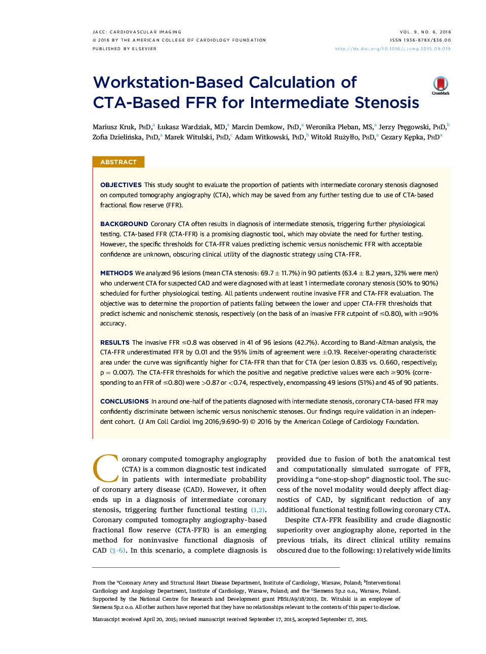 Workstation-Based Calculation of CTA-Based FFR for Intermediate Stenosis 