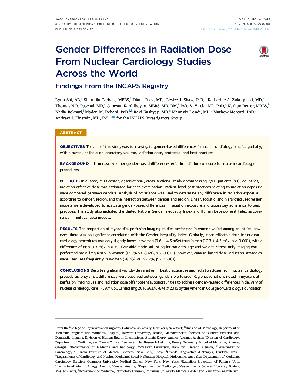 Gender Differences in Radiation Dose From Nuclear Cardiology Studies Across the World : Findings From the INCAPS Registry