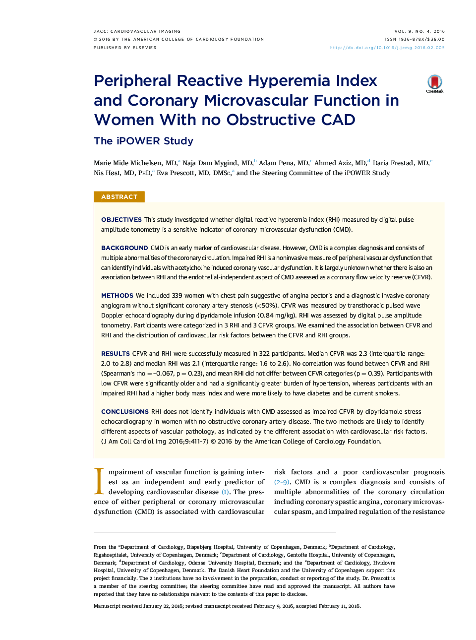 Peripheral Reactive Hyperemia Index and Coronary Microvascular Function in Women With no Obstructive CAD : The iPOWER Study