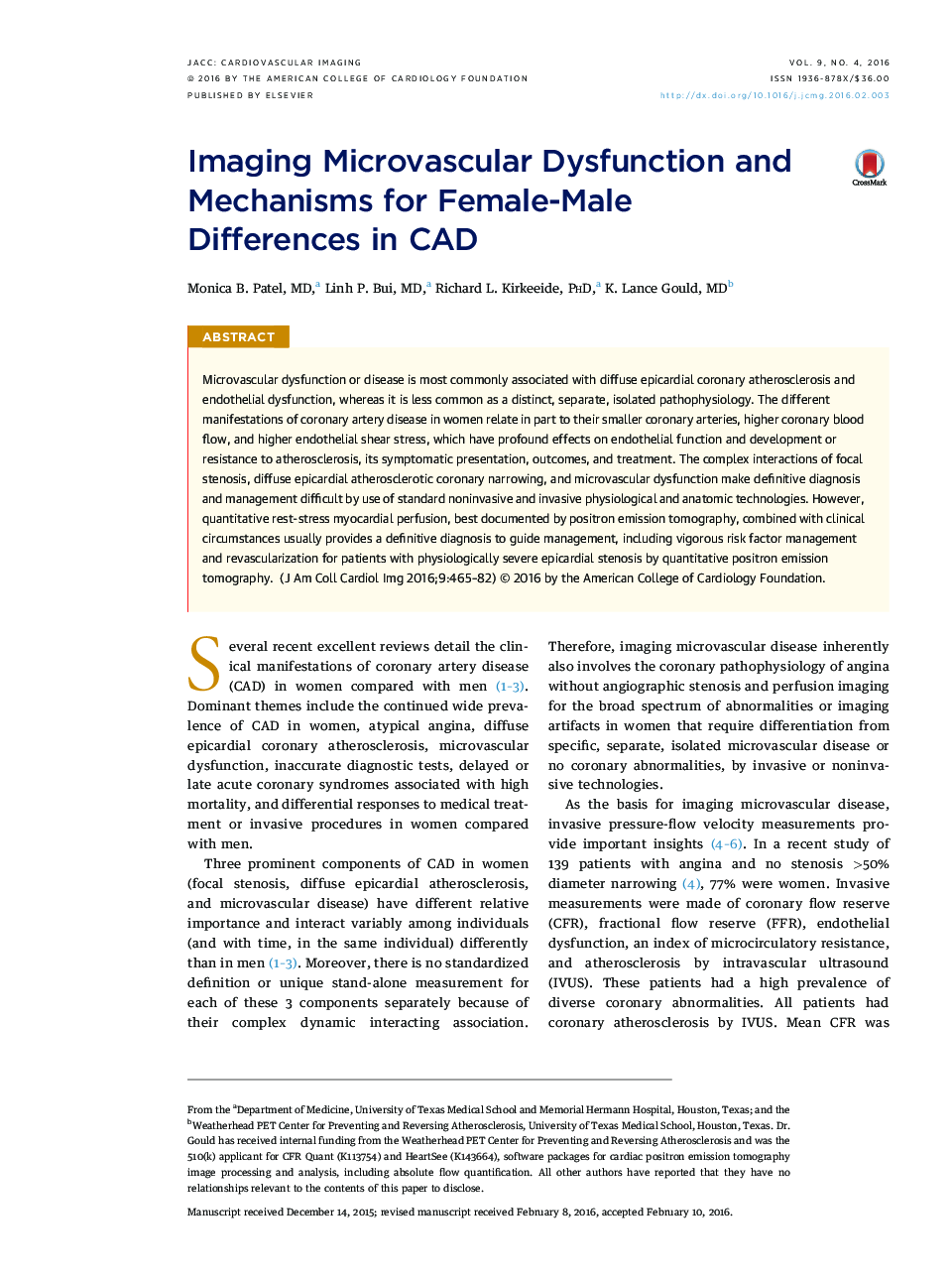 Imaging Microvascular Dysfunction and Mechanisms for Female-Male Differences in CAD 