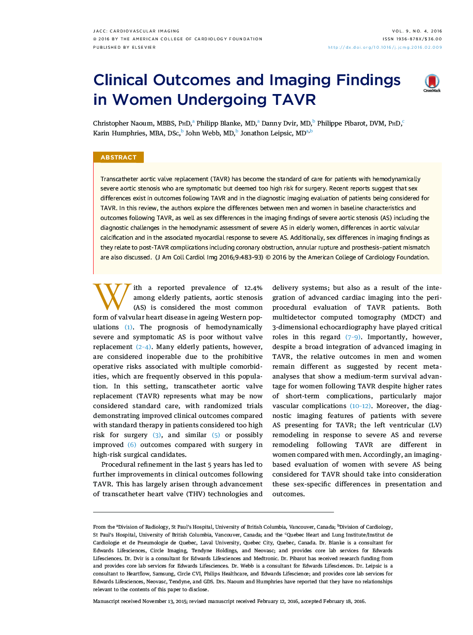 Clinical Outcomes and Imaging Findings in Women Undergoing TAVR 