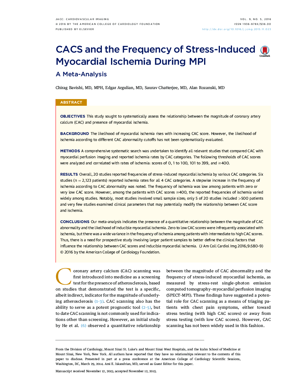 CACS and the Frequency of Stress-Induced Myocardial Ischemia During MPI : A Meta-Analysis