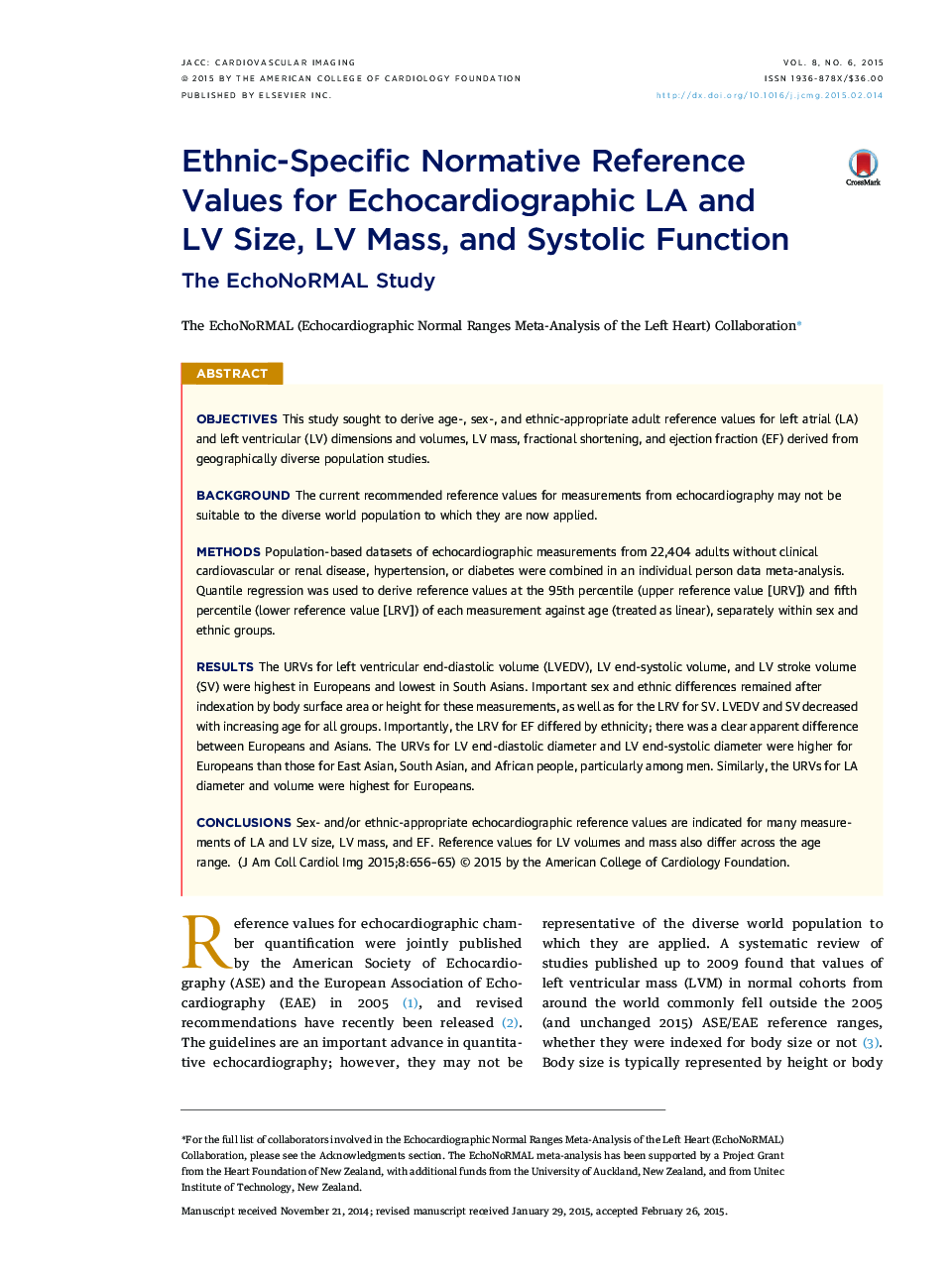 Ethnic-Specific Normative Reference Values for Echocardiographic LA and LV Size, LV Mass, and Systolic Function : The EchoNoRMAL Study