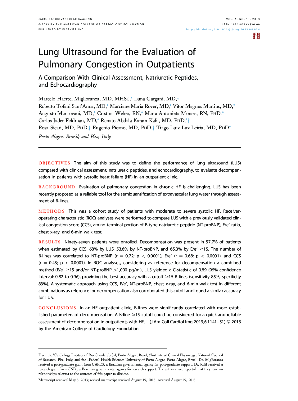 Lung Ultrasound for the Evaluation of Pulmonary Congestion in Outpatients : A Comparison With Clinical Assessment, Natriuretic Peptides, and Echocardiography