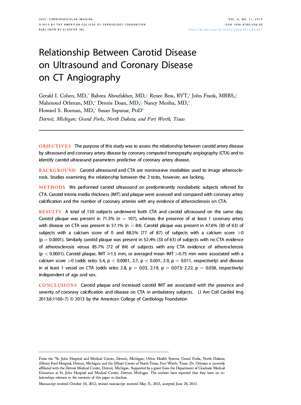 Relationship Between Carotid Disease on Ultrasound and Coronary Disease on CT Angiography 