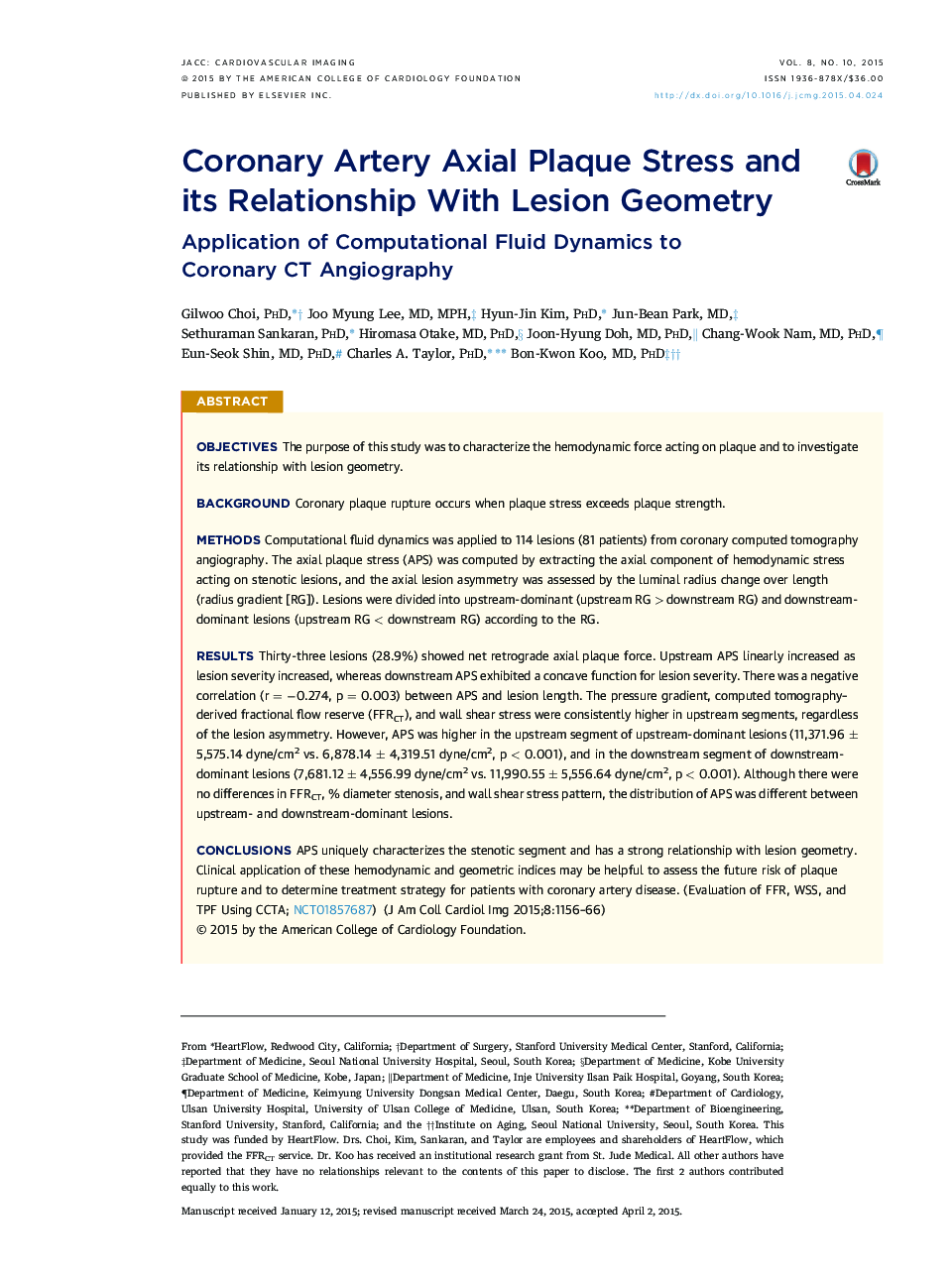 Coronary Artery Axial Plaque Stress and its Relationship With Lesion Geometry : Application of Computational Fluid Dynamics to Coronary CT Angiography