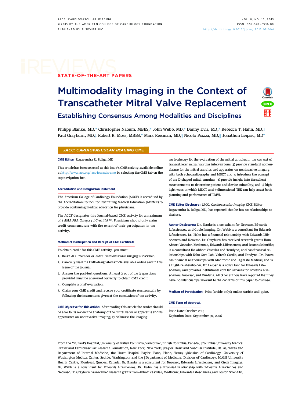 Multimodality Imaging in the Context of Transcatheter Mitral Valve Replacement : Establishing Consensus Among Modalities and Disciplines