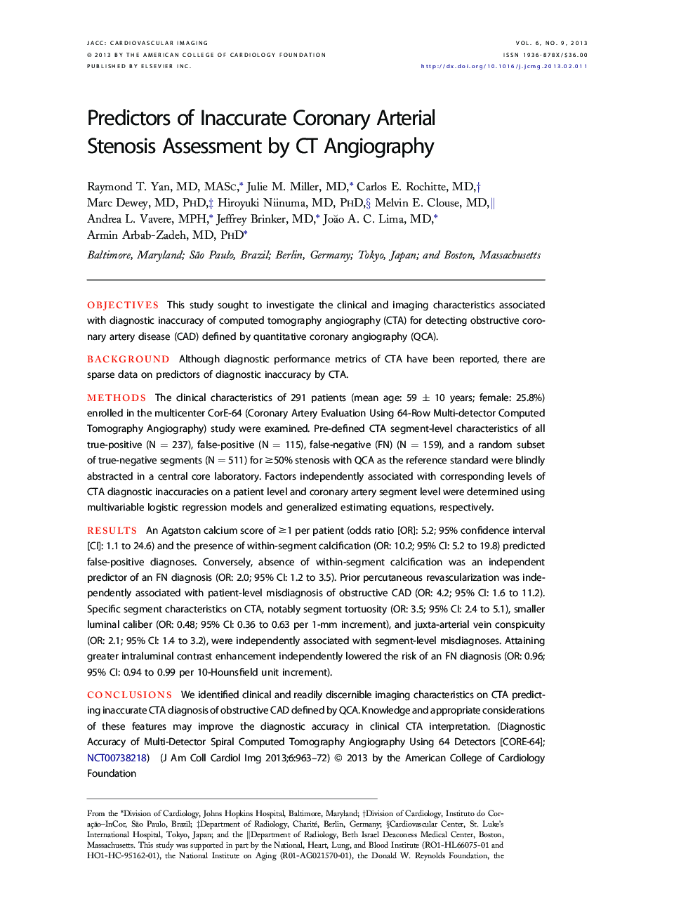 Predictors of Inaccurate Coronary Arterial Stenosis Assessment by CT Angiography 