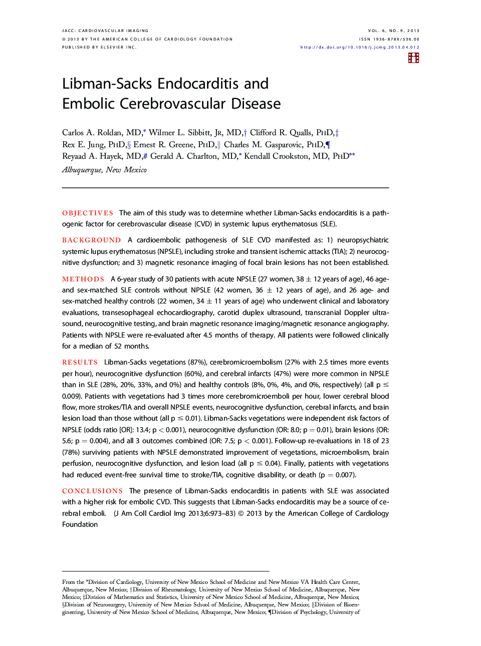 Libman-Sacks Endocarditis and Embolic Cerebrovascular Disease 