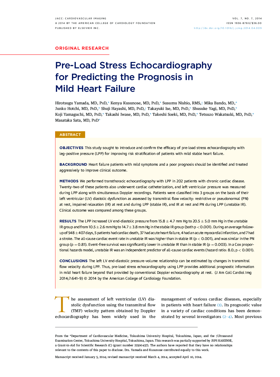 Pre-Load Stress Echocardiography for Predicting the Prognosis in Mild Heart Failure 