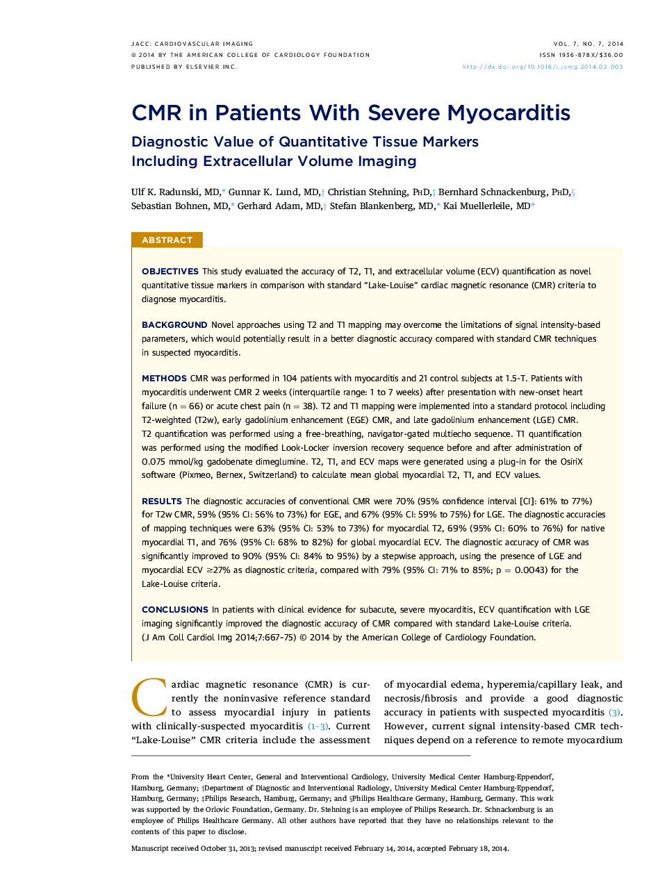 CMR in Patients With Severe Myocarditis : Diagnostic Value of Quantitative Tissue Markers Including Extracellular Volume Imaging