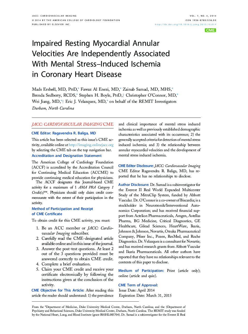 Impaired Resting Myocardial Annular Velocities Are Independently Associated With Mental Stress–Induced Ischemia in Coronary Heart Disease 