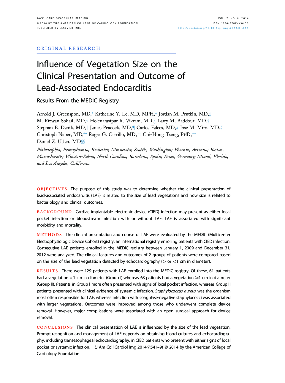 Influence of Vegetation Size on the Clinical Presentation and Outcome of Lead-Associated Endocarditis : Results From the MEDIC Registry