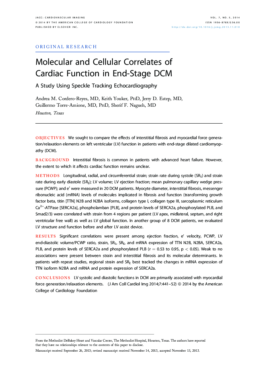 Molecular and Cellular Correlates of Cardiac Function in End-Stage DCM : A Study Using Speckle Tracking Echocardiography