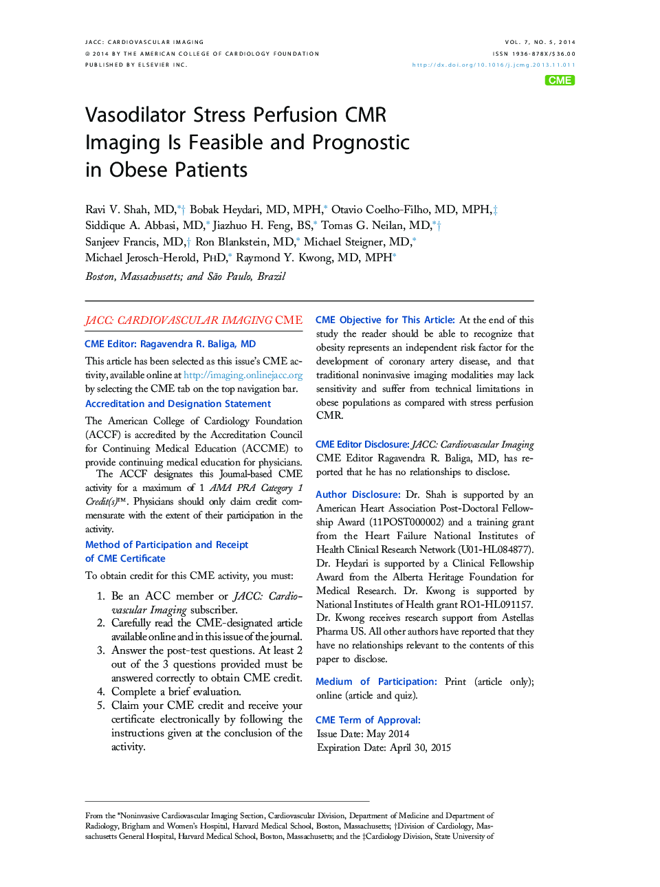 Vasodilator Stress Perfusion CMR Imaging Is Feasible and Prognostic in Obese Patients 