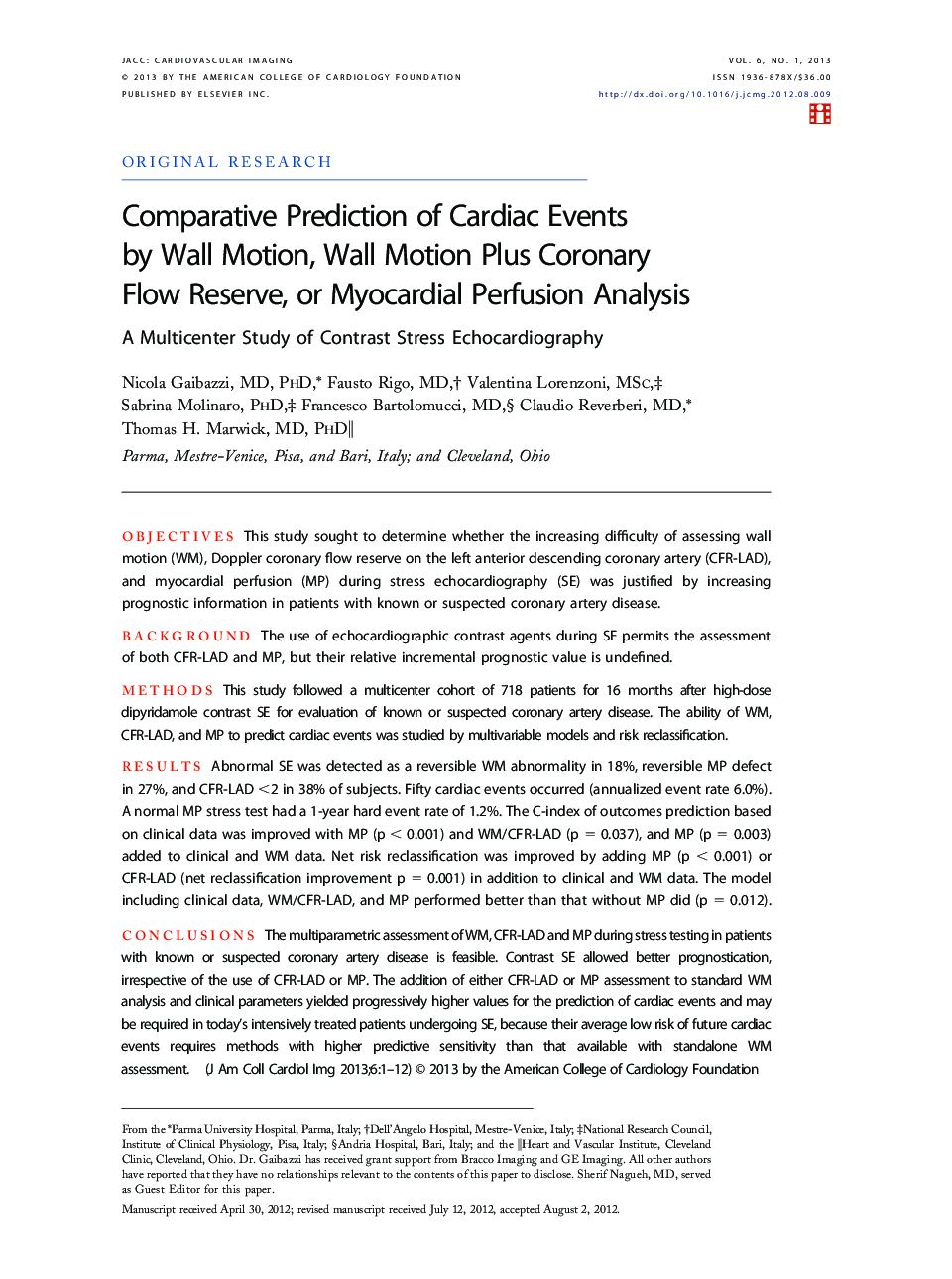 Comparative Prediction of Cardiac Events by Wall Motion, Wall Motion Plus Coronary Flow Reserve, or Myocardial Perfusion Analysis : A Multicenter Study of Contrast Stress Echocardiography