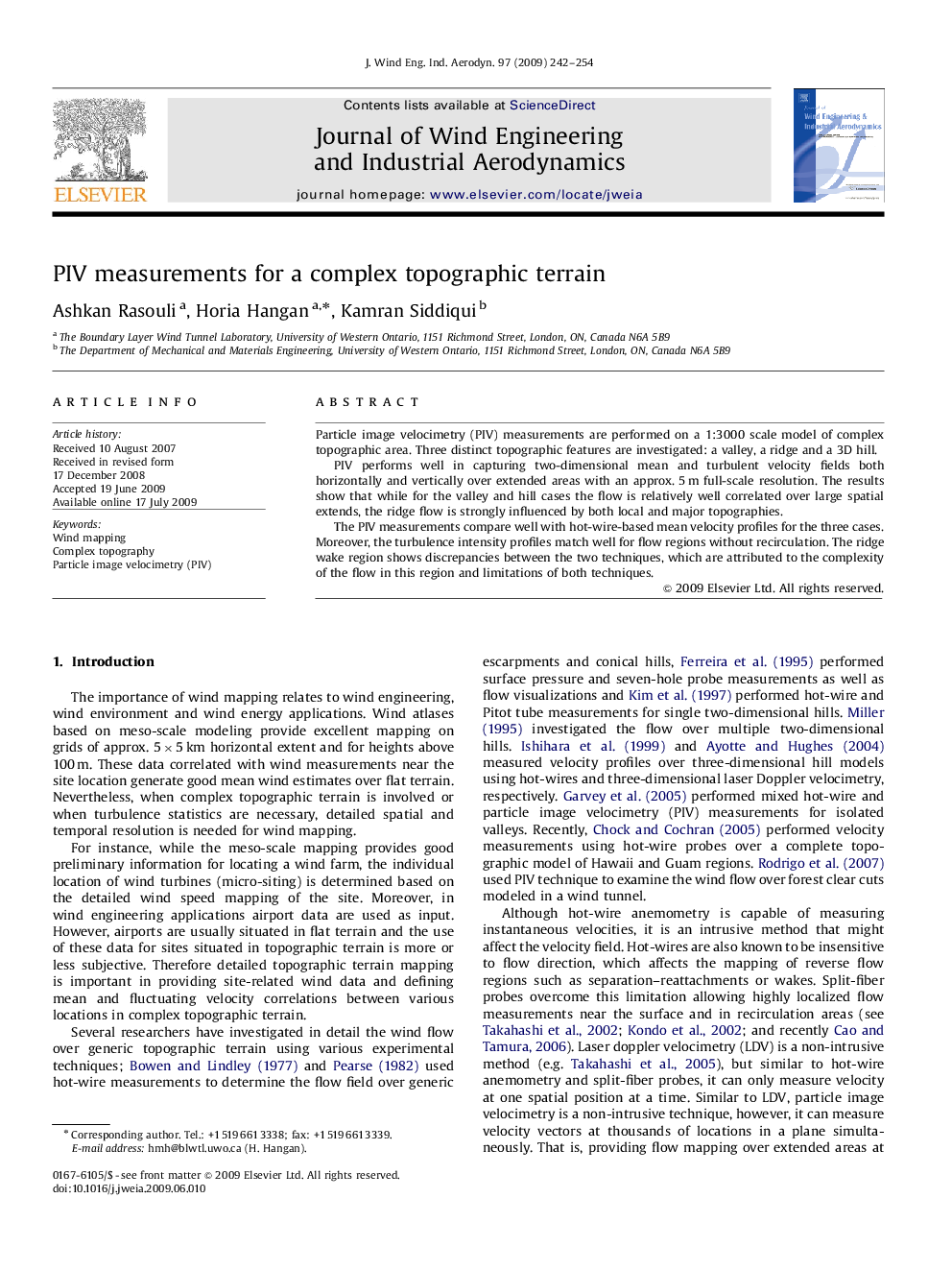 PIV measurements for a complex topographic terrain