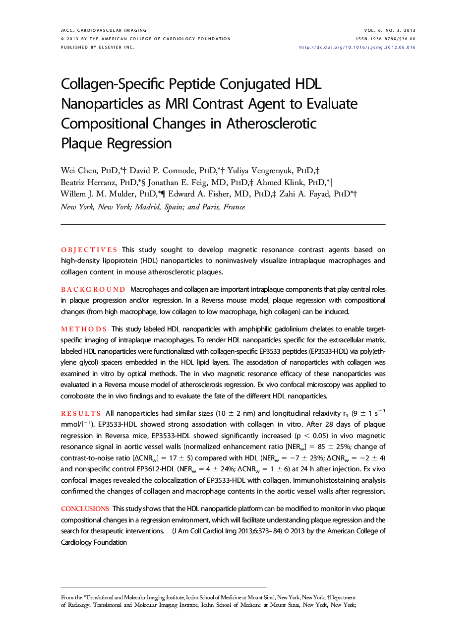 Collagen-Specific Peptide Conjugated HDL Nanoparticles as MRI Contrast Agent to Evaluate Compositional Changes in Atherosclerotic Plaque Regression 