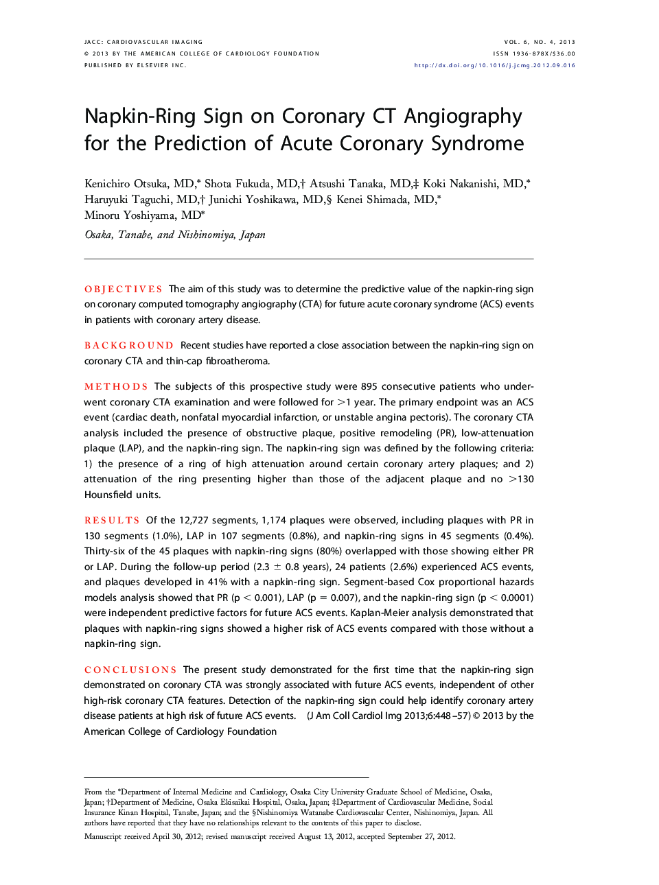 Napkin-Ring Sign on Coronary CT Angiography for the Prediction of Acute Coronary Syndrome 