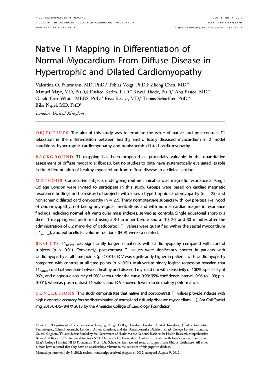 Native T1 Mapping in Differentiation of Normal Myocardium From Diffuse Disease in Hypertrophic and Dilated Cardiomyopathy 