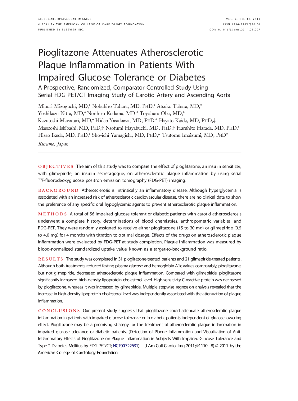 Pioglitazone Attenuates Atherosclerotic Plaque Inflammation in Patients With Impaired Glucose Tolerance or Diabetes : A Prospective, Randomized, Comparator-Controlled Study Using Serial FDG PET/CT Imaging Study of Carotid Artery and Ascending Aorta