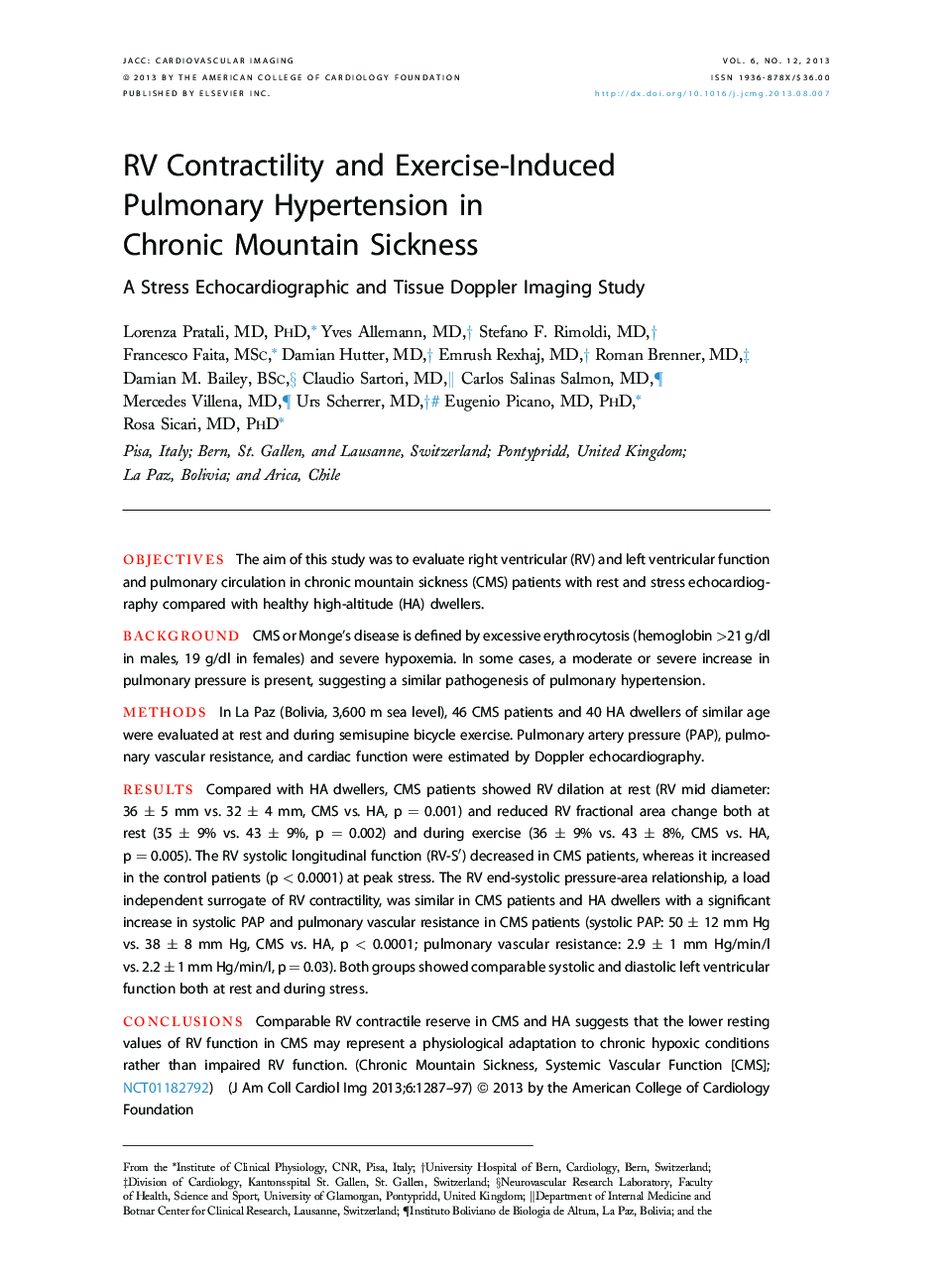 RV Contractility and Exercise-Induced Pulmonary Hypertension in Chronic Mountain Sickness : A Stress Echocardiographic and Tissue Doppler Imaging Study
