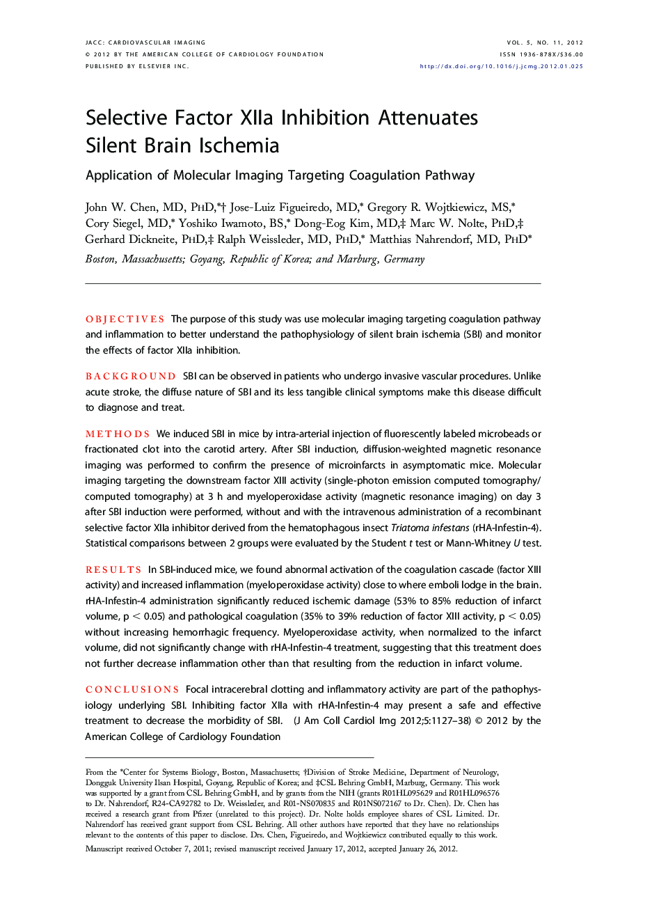 Selective Factor XIIa Inhibition Attenuates Silent Brain Ischemia : Application of Molecular Imaging Targeting Coagulation Pathway