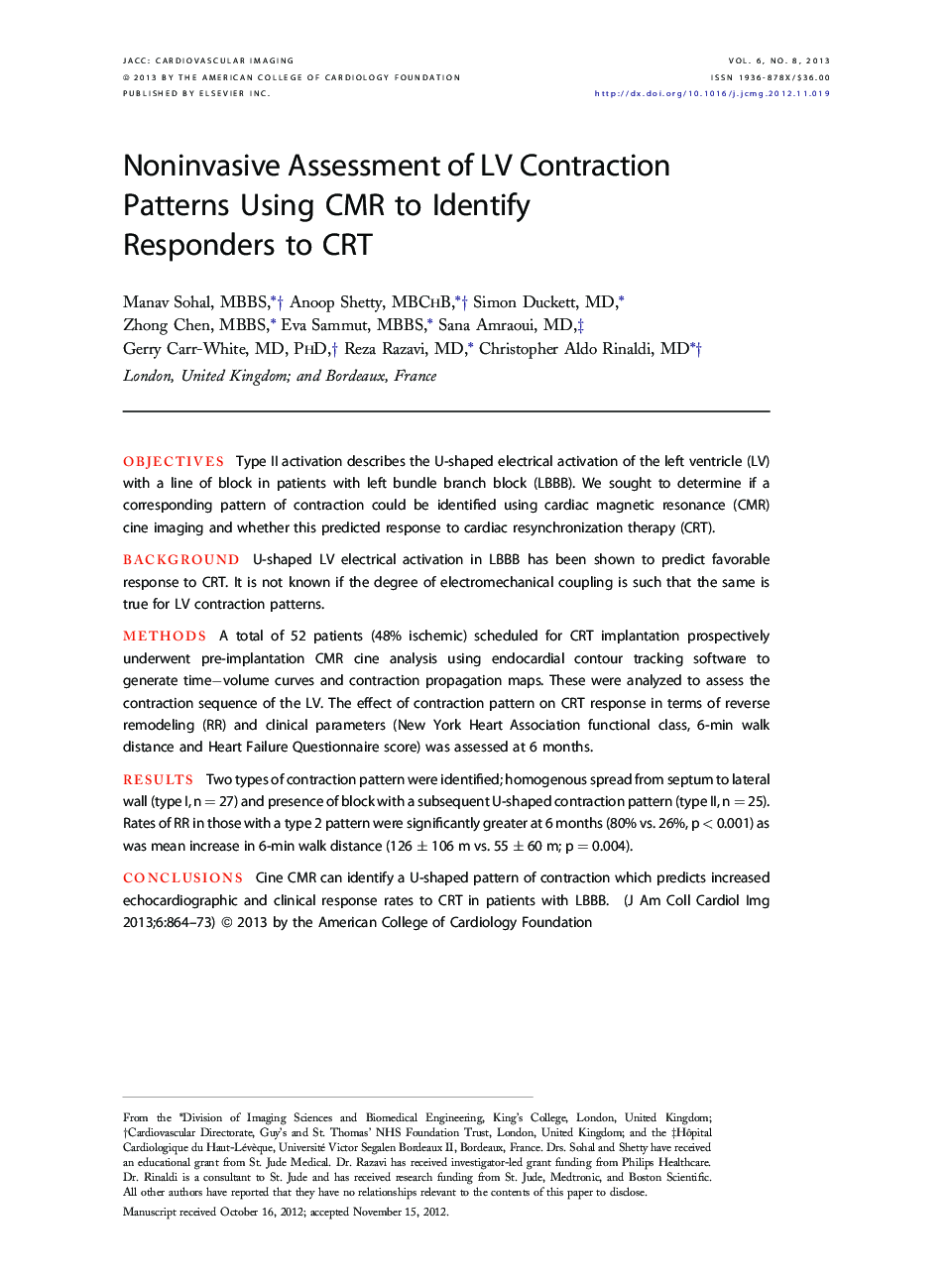 Noninvasive Assessment of LV Contraction Patterns Using CMR to Identify Responders to CRT 