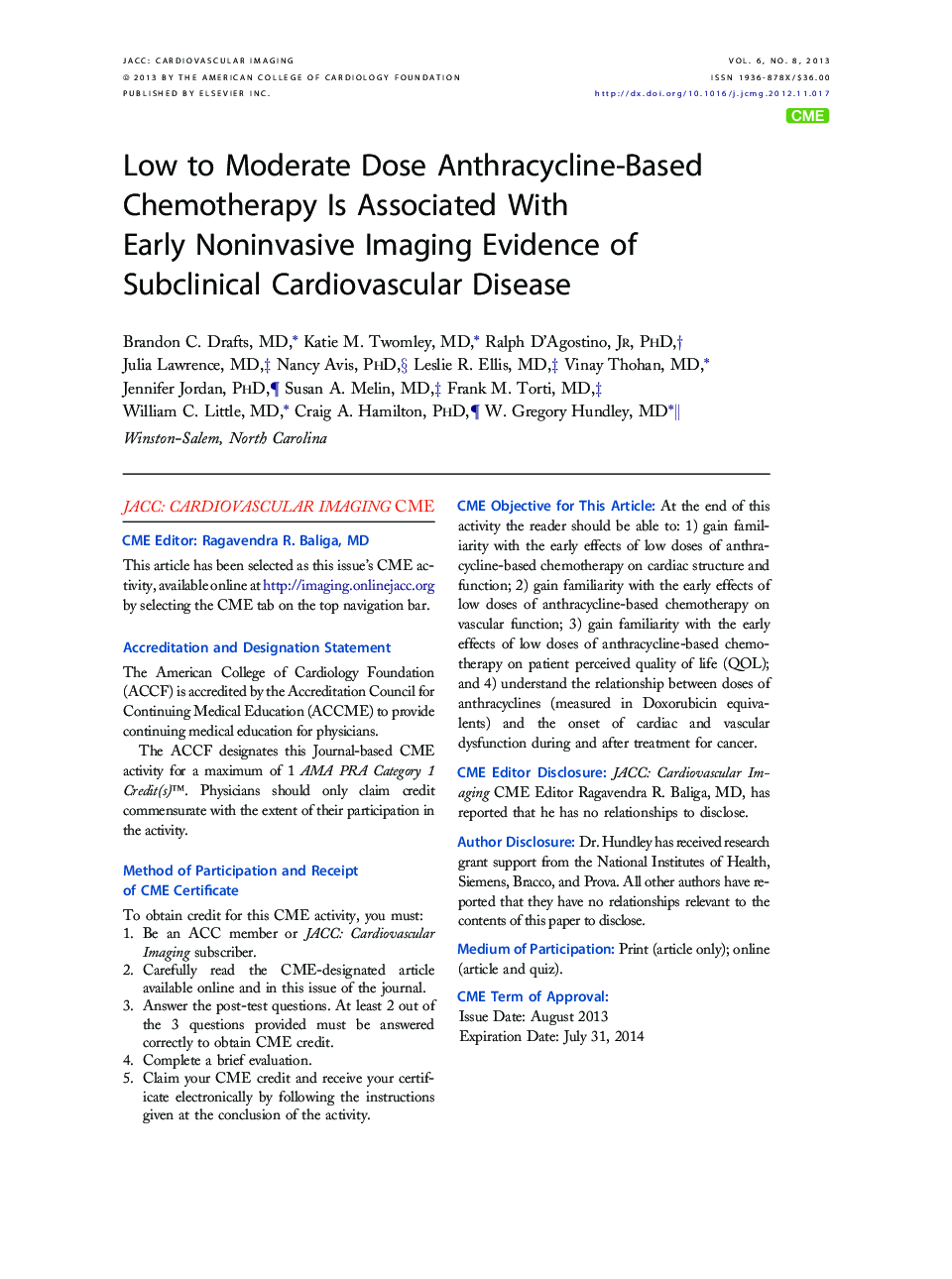 Low to Moderate Dose Anthracycline-Based Chemotherapy Is Associated With Early Noninvasive Imaging Evidence of Subclinical Cardiovascular Disease 