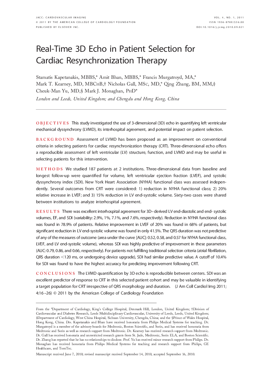 Real-Time 3D Echo in Patient Selection for Cardiac Resynchronization Therapy 