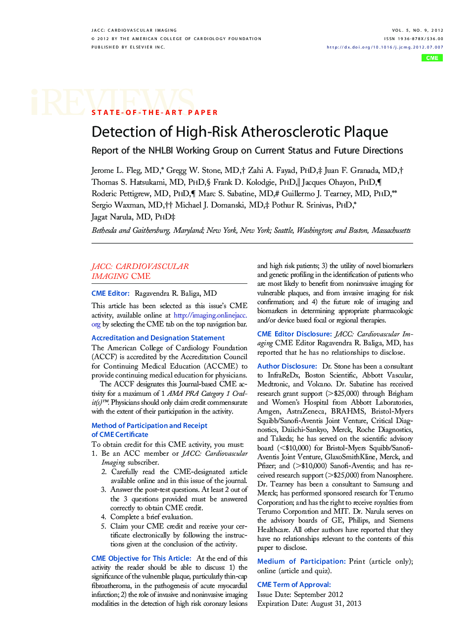 Detection of High-Risk Atherosclerotic Plaque : Report of the NHLBI Working Group on Current Status and Future Directions
