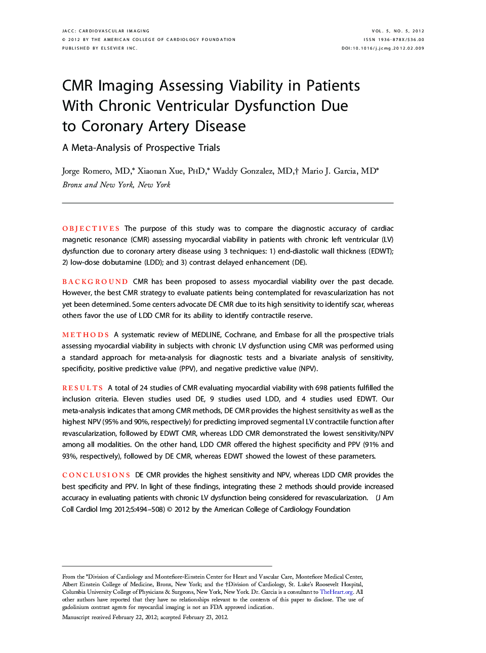 CMR Imaging Assessing Viability in Patients With Chronic Ventricular Dysfunction Due to Coronary Artery Disease : A Meta-Analysis of Prospective Trials