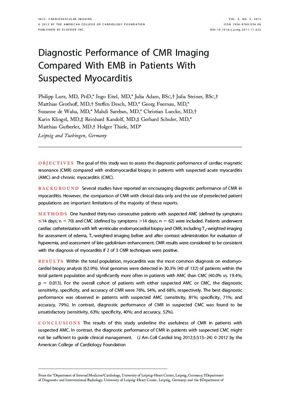 Diagnostic Performance of CMR Imaging Compared With EMB in Patients With Suspected Myocarditis 