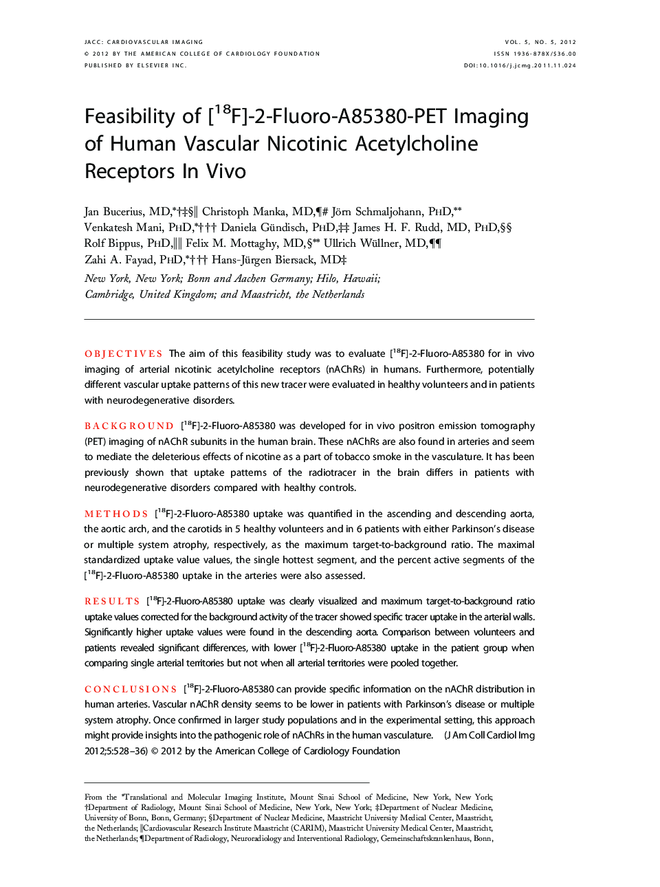 Feasibility of [18F]-2-Fluoro-A85380-PET Imaging of Human Vascular Nicotinic Acetylcholine Receptors In Vivo 