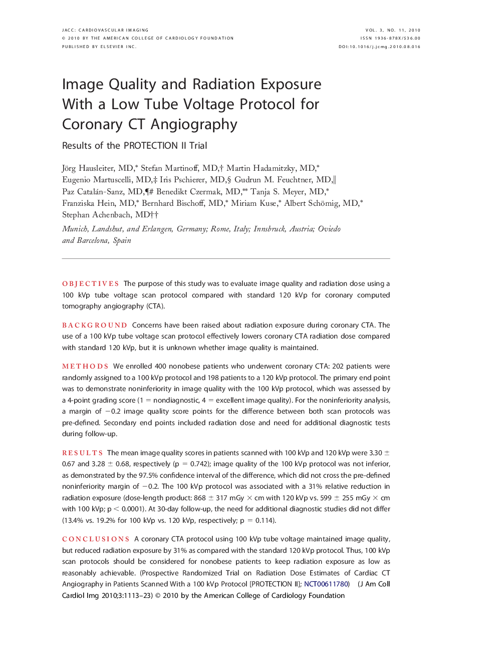 Image Quality and Radiation Exposure With a Low Tube Voltage Protocol for Coronary CT Angiography : Results of the PROTECTION II Trial