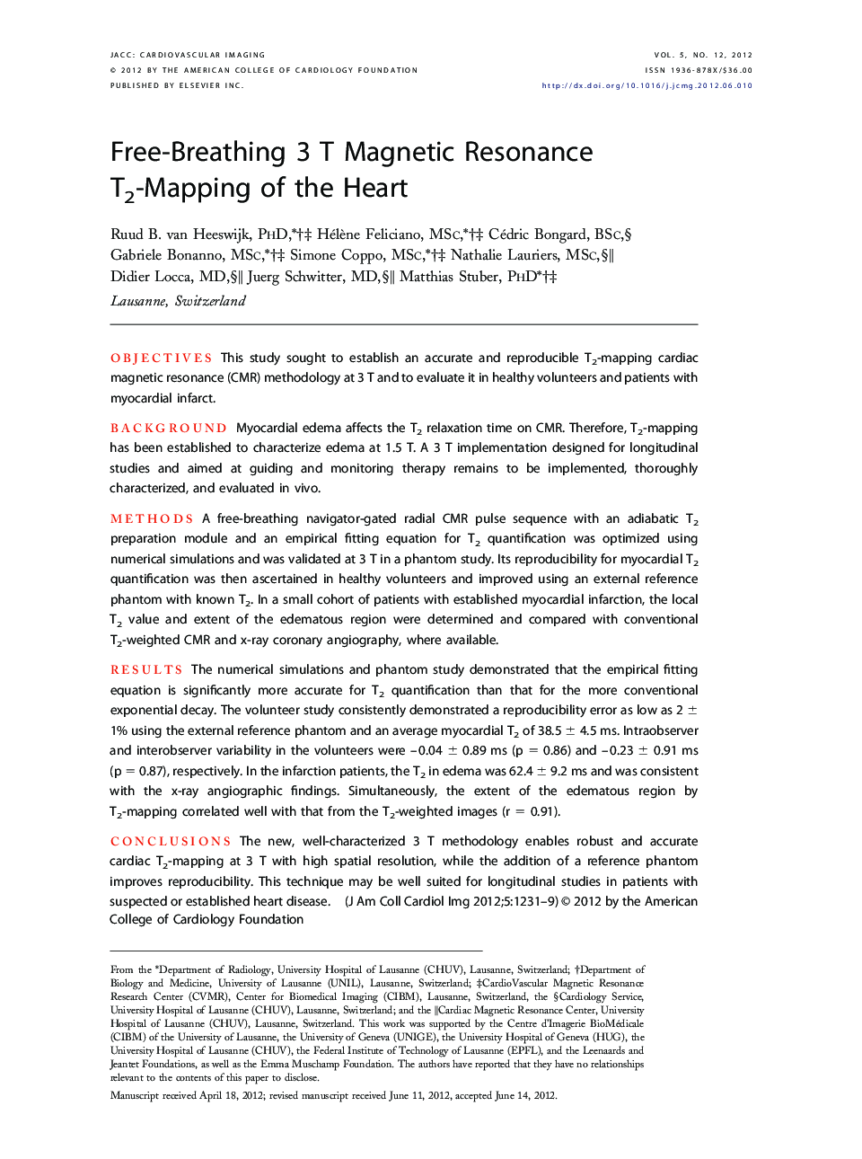 Free-Breathing 3 T Magnetic Resonance T2-Mapping of the Heart 