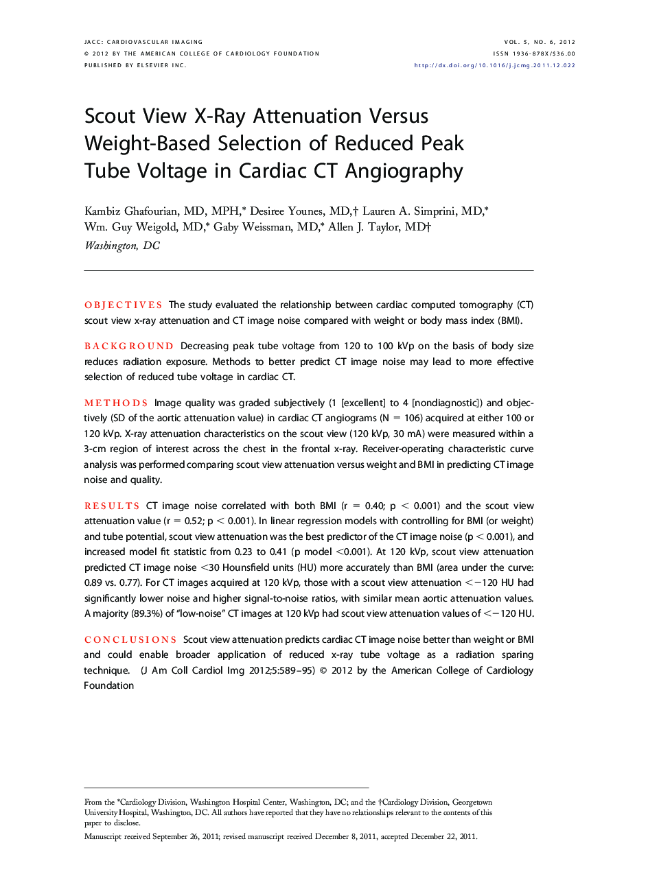 Scout View X-Ray Attenuation Versus Weight-Based Selection of Reduced Peak Tube Voltage in Cardiac CT Angiography 