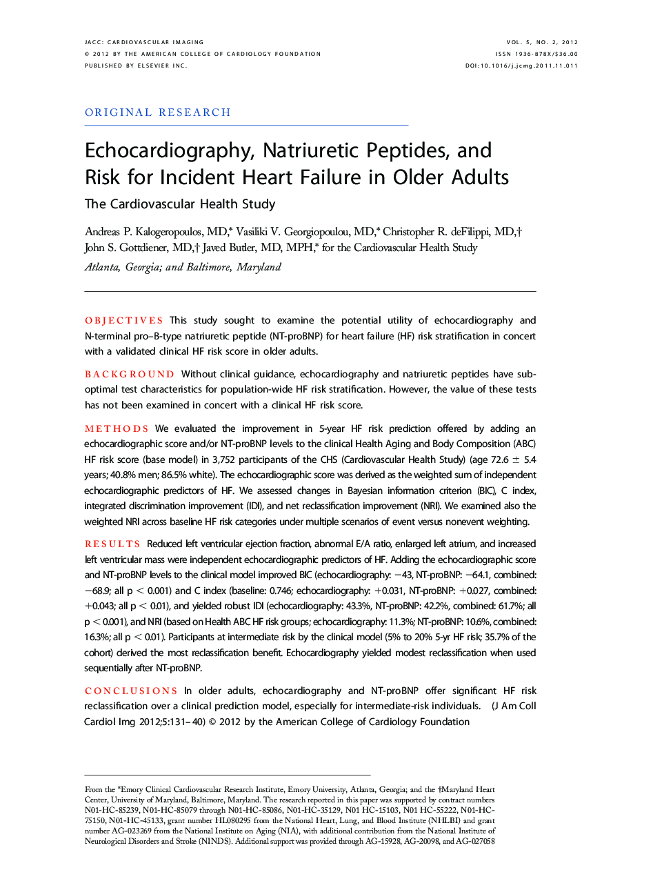 Echocardiography, Natriuretic Peptides, and Risk for Incident Heart Failure in Older Adults : The Cardiovascular Health Study