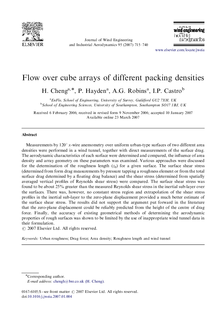 Flow over cube arrays of different packing densities