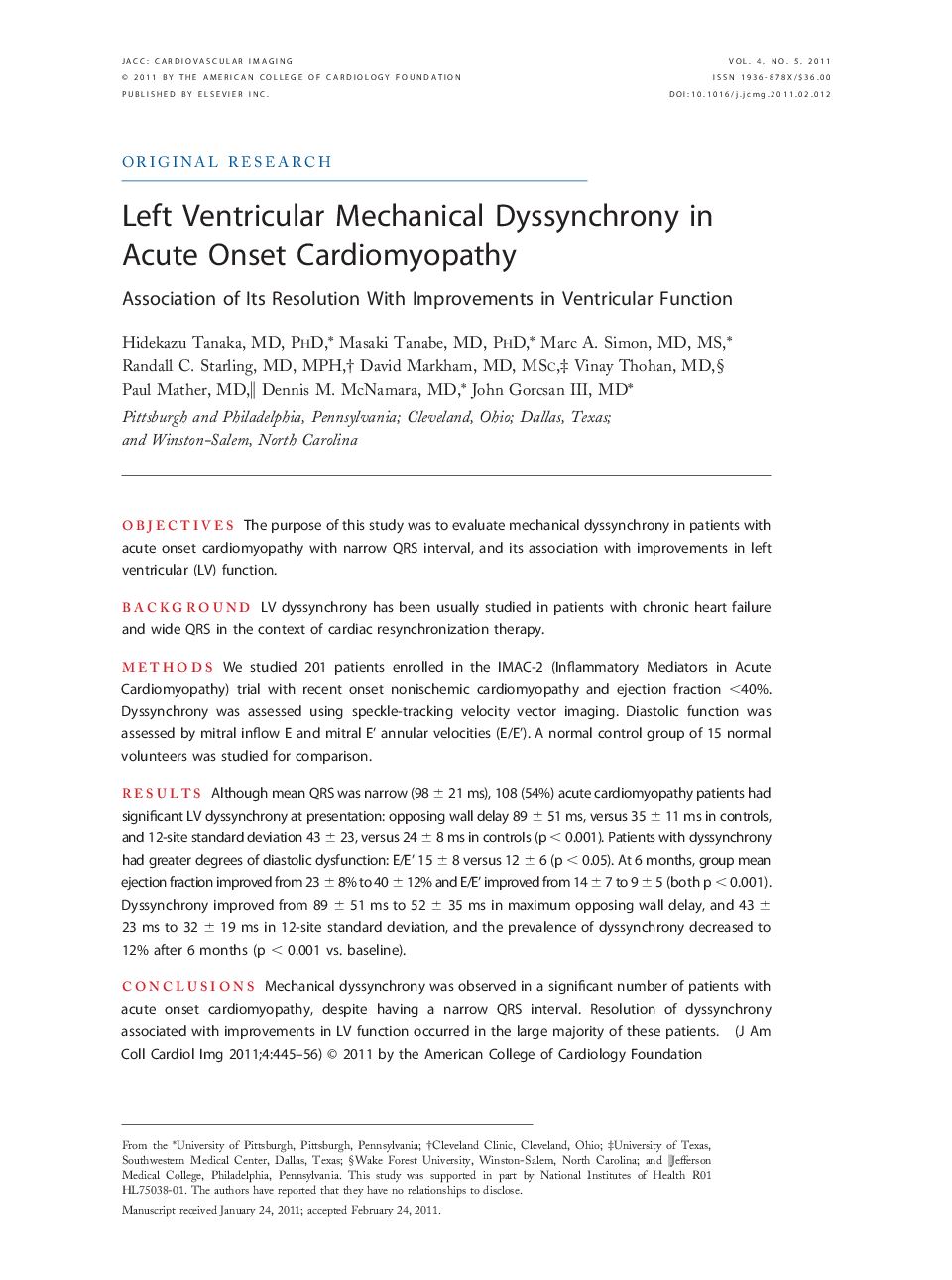 Left Ventricular Mechanical Dyssynchrony in Acute Onset Cardiomyopathy : Association of Its Resolution With Improvements in Ventricular Function