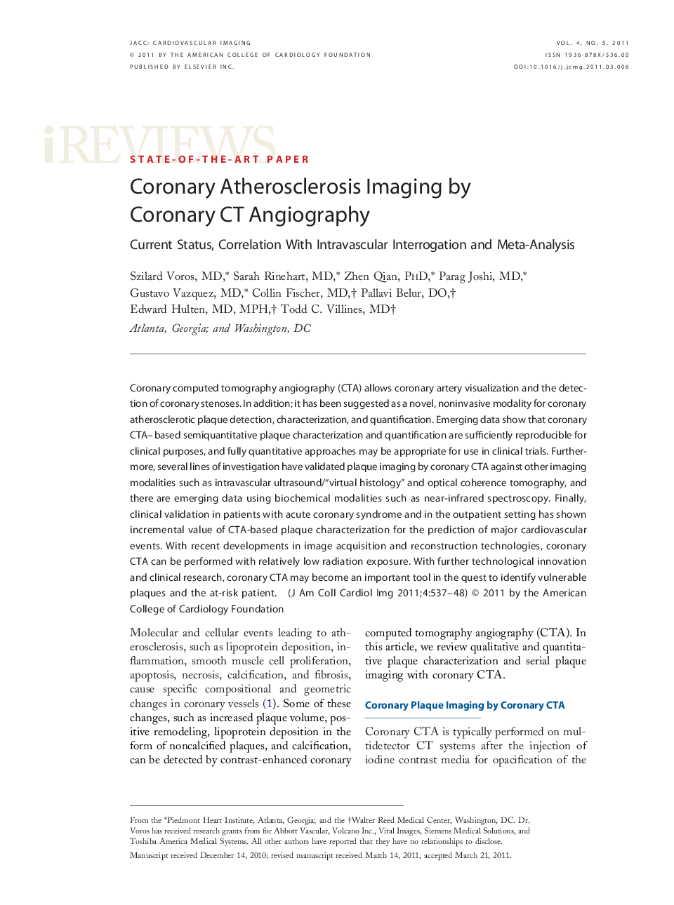 Coronary Atherosclerosis Imaging by Coronary CT Angiography : Current Status, Correlation With Intravascular Interrogation and Meta-Analysis